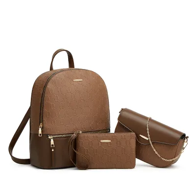 Women Fashion Casual Solid Color Letter Embossed Large-Capacity Backpack Three-Piece Bag Set
