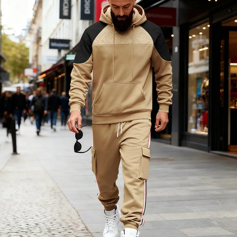 Men Fashion Casual Autumn And Winter Contrast Color Texture Loose Long-Sleeve Hoodies Pants Two-Piece Set