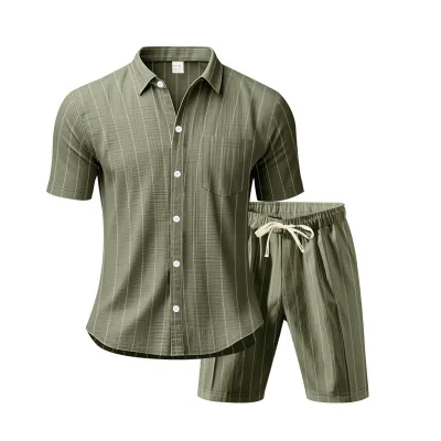 Men'S Fashion Casual Summer Linen Stripe Lapel Short-Sleeve Shirt Loose Beach Shorts Two-Piece Set