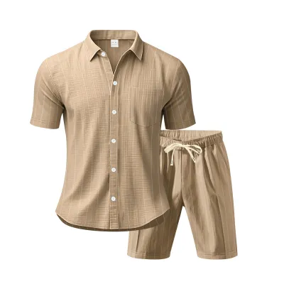 Men'S Fashion Casual Summer Linen Stripe Lapel Short-Sleeve Shirt Loose Beach Shorts Two-Piece Set