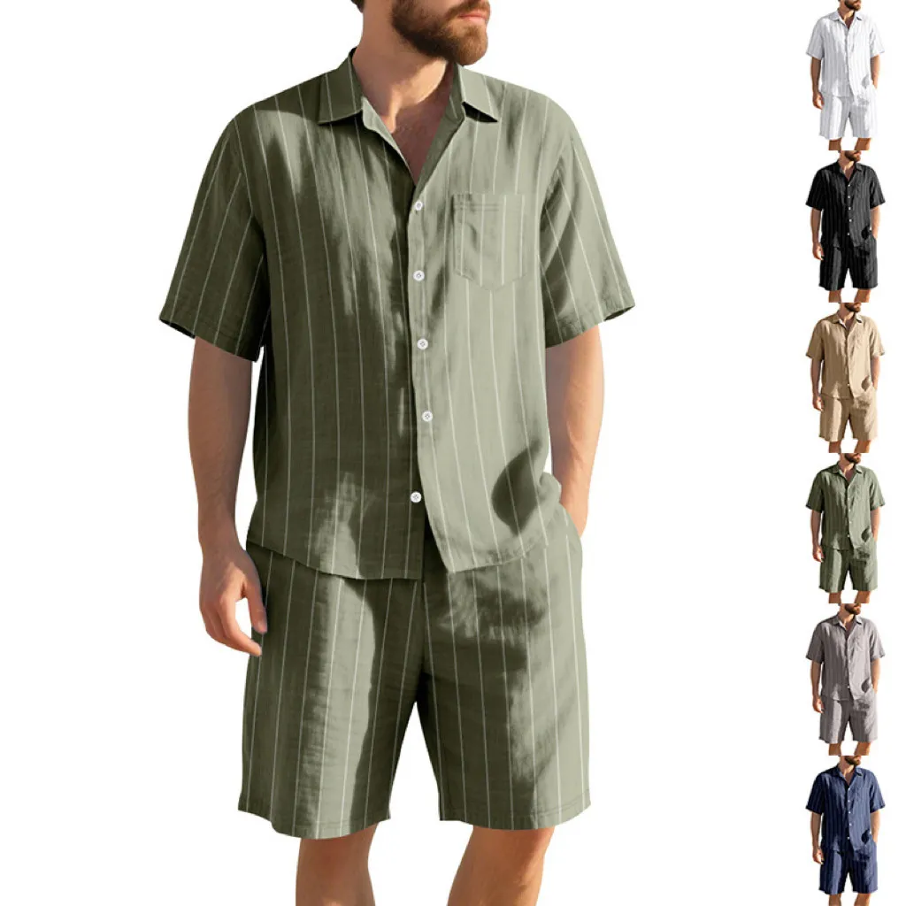 Men'S Fashion Casual Summer Linen Stripe Lapel Short-Sleeve Shirt Loose Beach Shorts Two-Piece Set