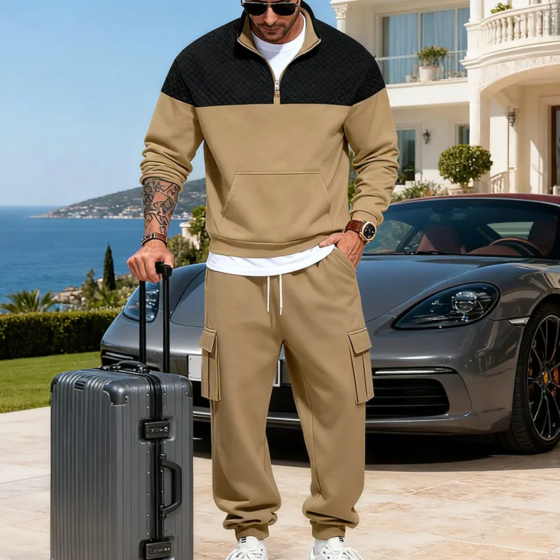Men'S Fashion Casual Autumn Contrast Color Lapel Long-Sleeve Zipper Sweatshirt Loose Pockets Pants Two-Piece Set