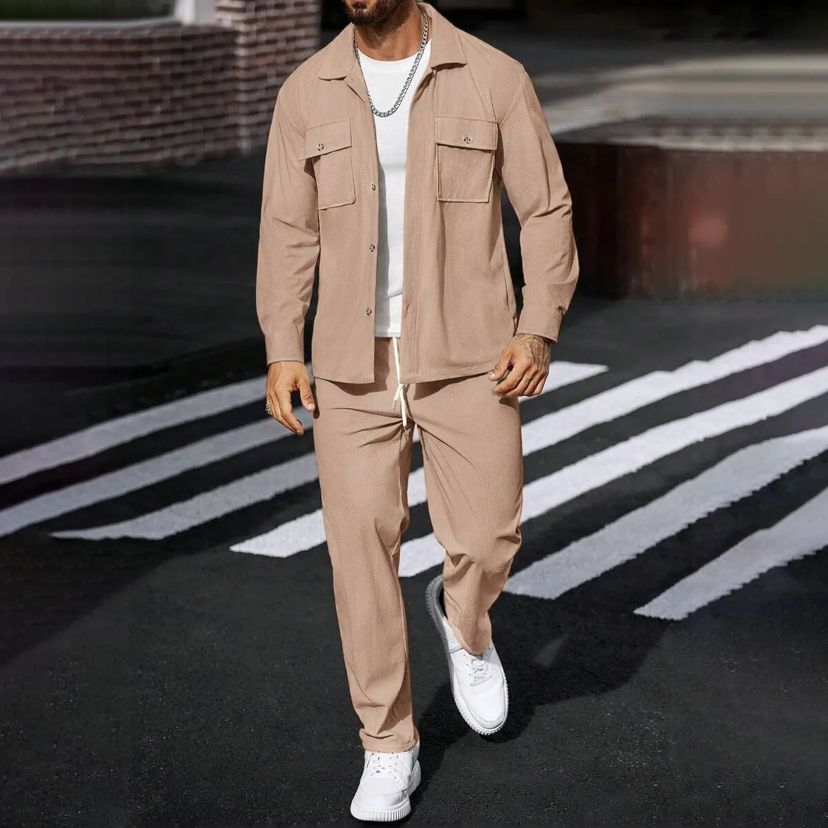 Men'S Fashion Casual Autumn Solid Color Lapel Long-Sleeve Button Pocketjacket Straight Pants Two-Piece Set
