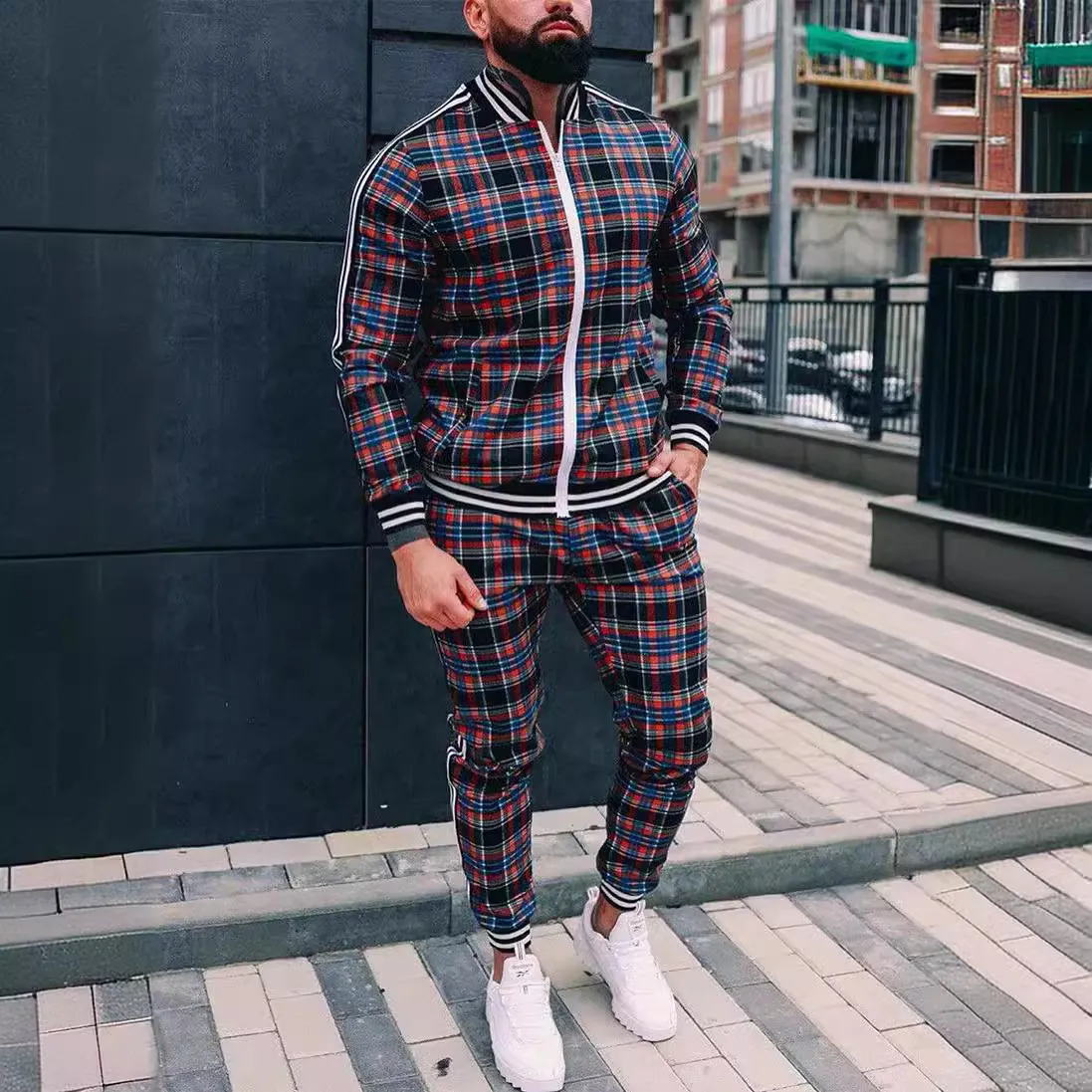 Men'S Fashion Casual Autumn Plaid Jacket Zipper Long-Sleeve Jacket Slim-Fit Pants Two-Piece Set