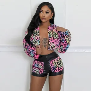 Women'S Fashion Winter Plush Thickened Leopard Long-Sleeve Jacket Loose Short Two-Piece Set