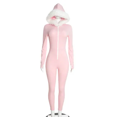 Autumn And Winter Women Solid Color Casual Imitation Fur Hooded Zipper Long Sleeve Jumpsuit