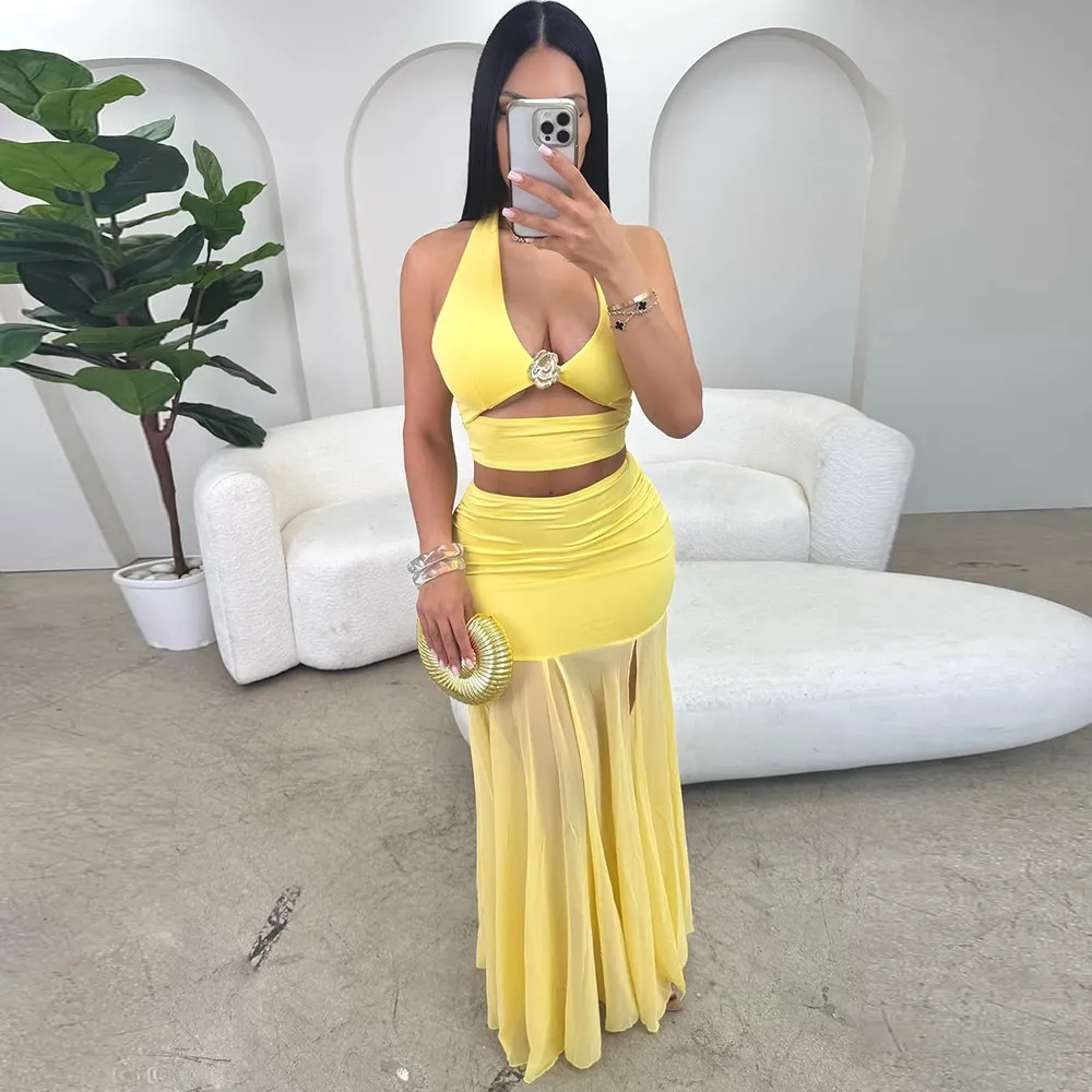 Women Fashion Sexy Summer Solid Color Hollow Halter-Neck Tank Top Maxi Skirt Two-Piece Set