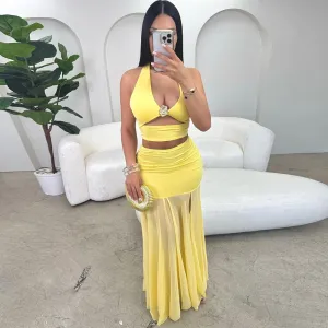 Women Fashion Sexy Summer Solid Color Hollow Halter-Neck Tank Top Maxi Skirt Two-Piece Set