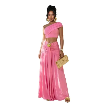 Women Fashion Sexy Solid Color Slanted Shoulders Tube Top Maxi Skirt Two-Piece Set