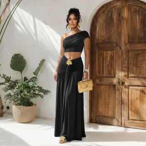 Women Fashion Sexy Solid Color Slanted Shoulders Tube Top Maxi Skirt Two-Piece Set