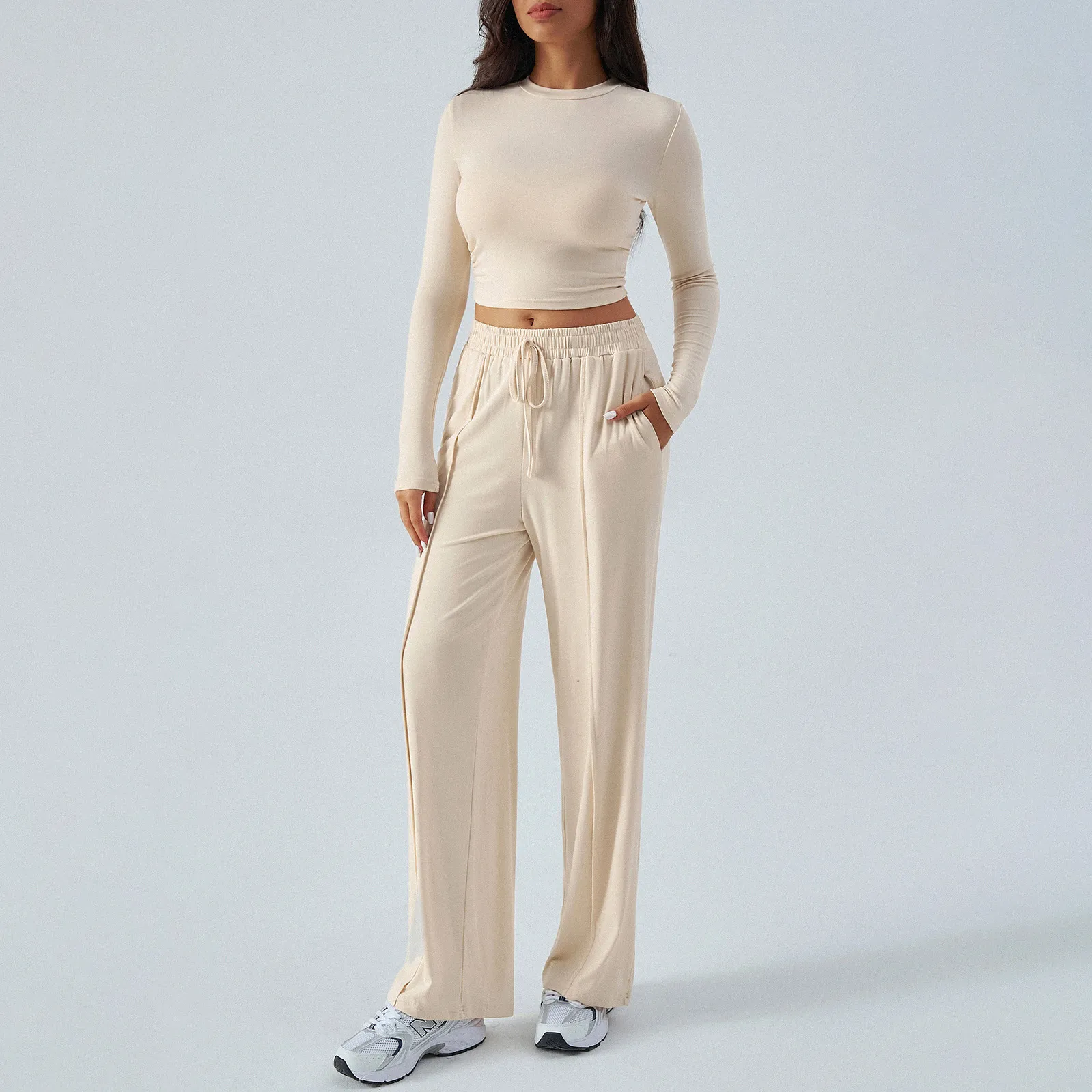 Women Fashion Casual Autumn Solid Color Long-Sleeve Tight Waist T-Shirt Wide Leg Pants Two-Piece Set
