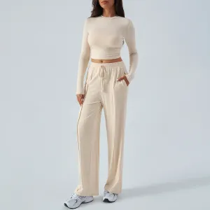 Women Fashion Casual Autumn Solid Color Long-Sleeve Tight Waist T-Shirt Wide Leg Pants Two-Piece Set