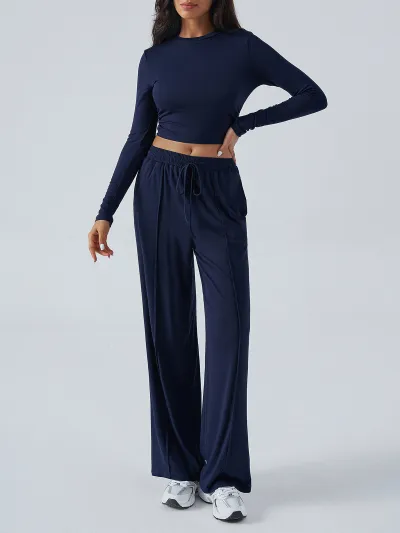 Women Fashion Casual Autumn Solid Color Long-Sleeve Tight Waist T-Shirt Wide Leg Pants Two-Piece Set