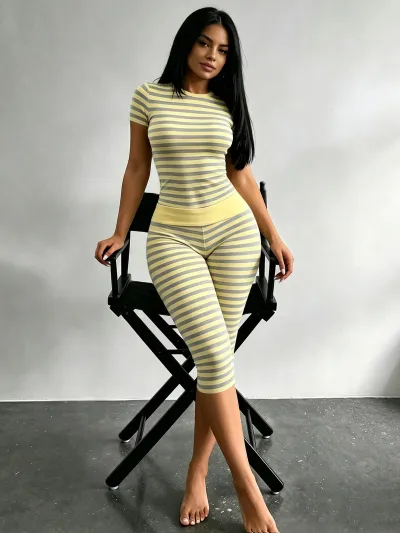 Women Fashion Casual Stripe Short-Sleeved T-Shirt Tight-Fit Shorts Two-Piece Set