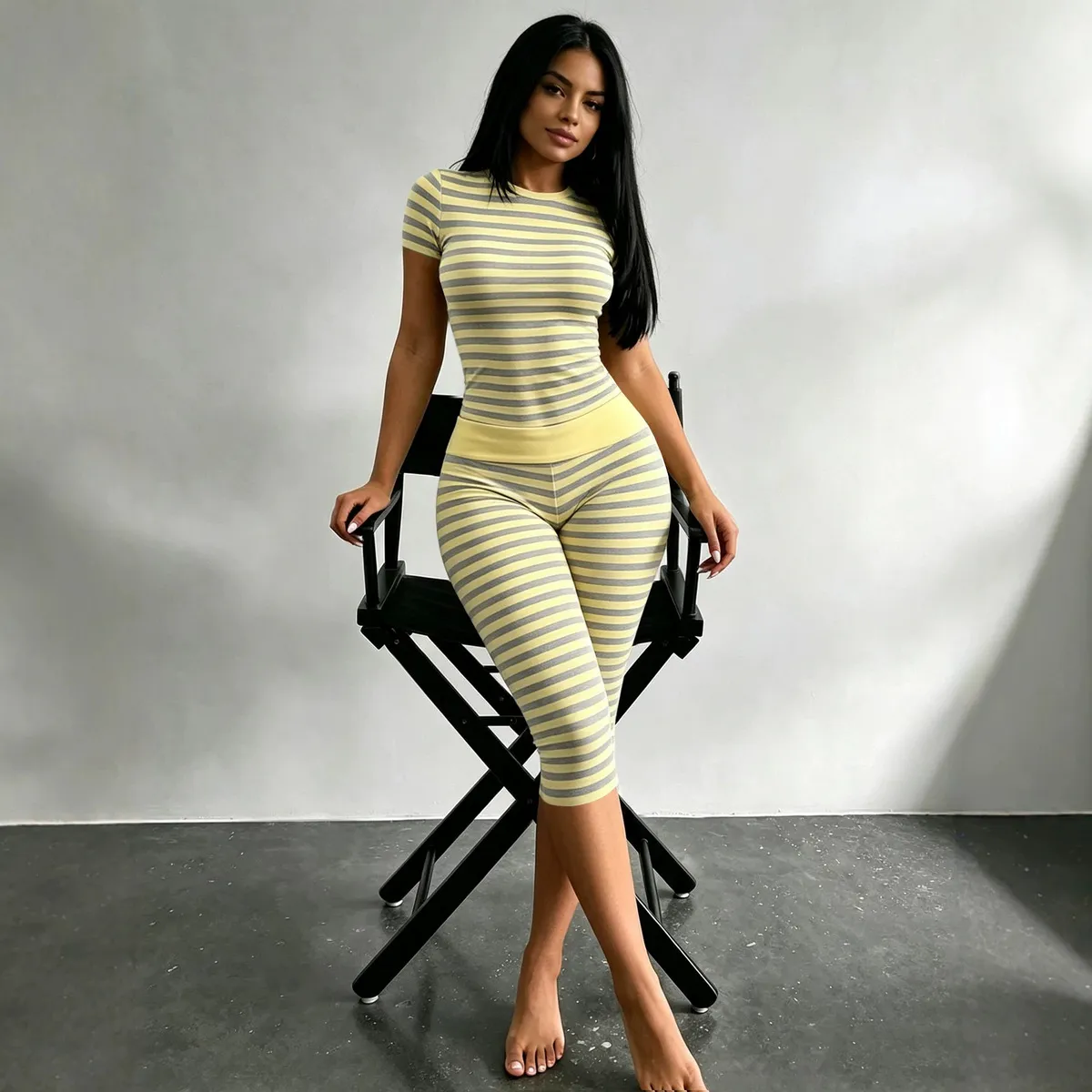 Women Fashion Casual Stripe Short-Sleeved T-Shirt Tight-Fit Shorts Two-Piece Set