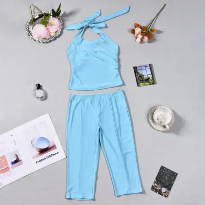 Women Fashion Sexy Summer Solid Color Halter-Neck Crop Top Slim-Fit Plastic Stretch Pants Two-Piece Set