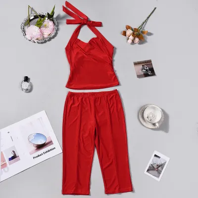 Women Fashion Sexy Summer Solid Color Halter-Neck Crop Top Slim-Fit Plastic Stretch Pants Two-Piece Set