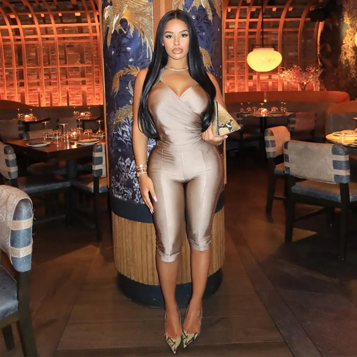 Women Fashion Sexy Summer Solid Color Halter-Neck Crop Top Slim-Fit Plastic Stretch Pants Two-Piece Set