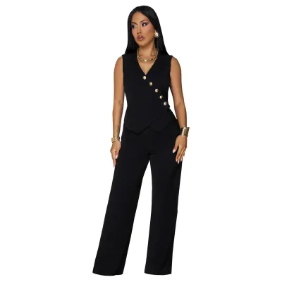 Women'S Fashion Casual Solid Color V-Neck Sleeveless Vest Straight Pants Two-Piece Set