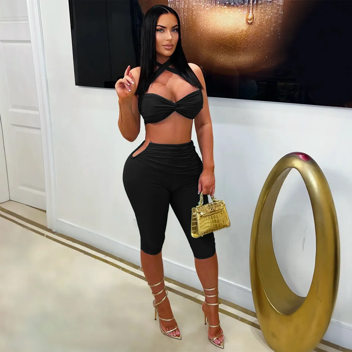 Women'S Fashion Sexy Solid Color Halter-Necj Lace-Up Crop Top Slim Pants Two-Piece Set