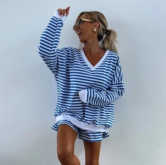 Women'S Fashion Casual Stripe V-Neck Long-Sleeve Sweatshirt Loose Sports 2-Piece Set
