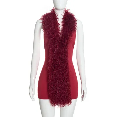 Women Sexy Solid Color Faux Fur Halter Backless Mini Dress