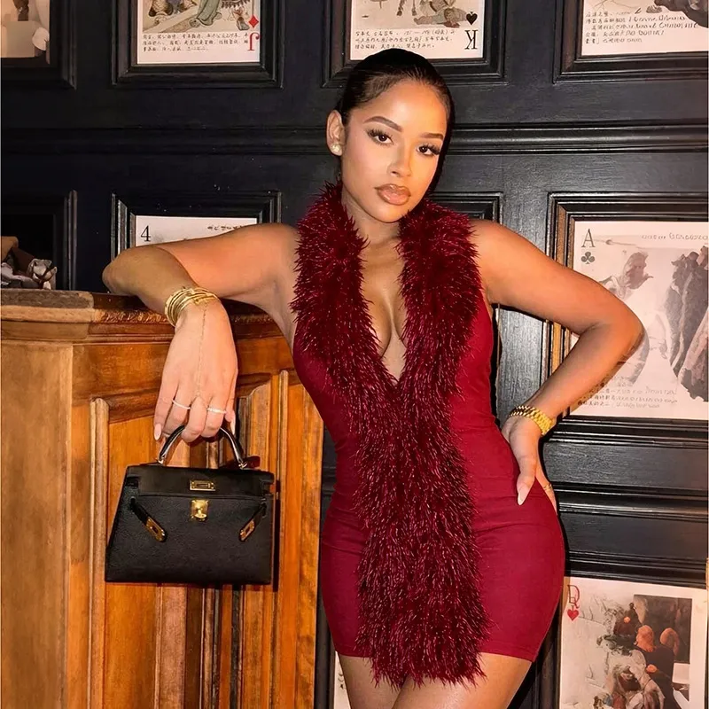 Women Sexy Solid Color Faux Fur Halter Backless Mini Dress
