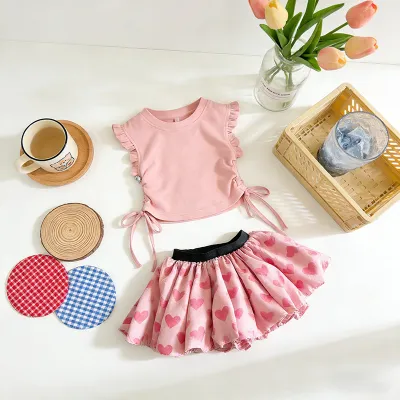 Kids Girls' Fashion Summer Solid Color Drawstring Top Flower Printed Bub Skirt Two-Piece Set
