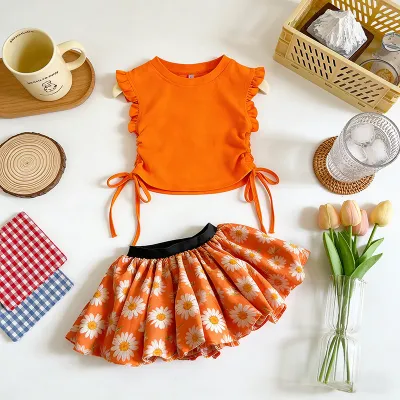 Kids Girls' Fashion Summer Solid Color Drawstring Top Flower Printed Bub Skirt Two-Piece Set