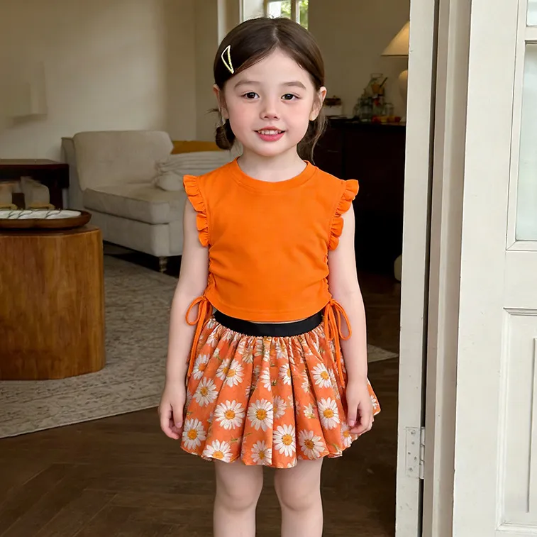 Kids Girls' Fashion Summer Solid Color Drawstring Top Flower Printed Bub Skirt Two-Piece Set