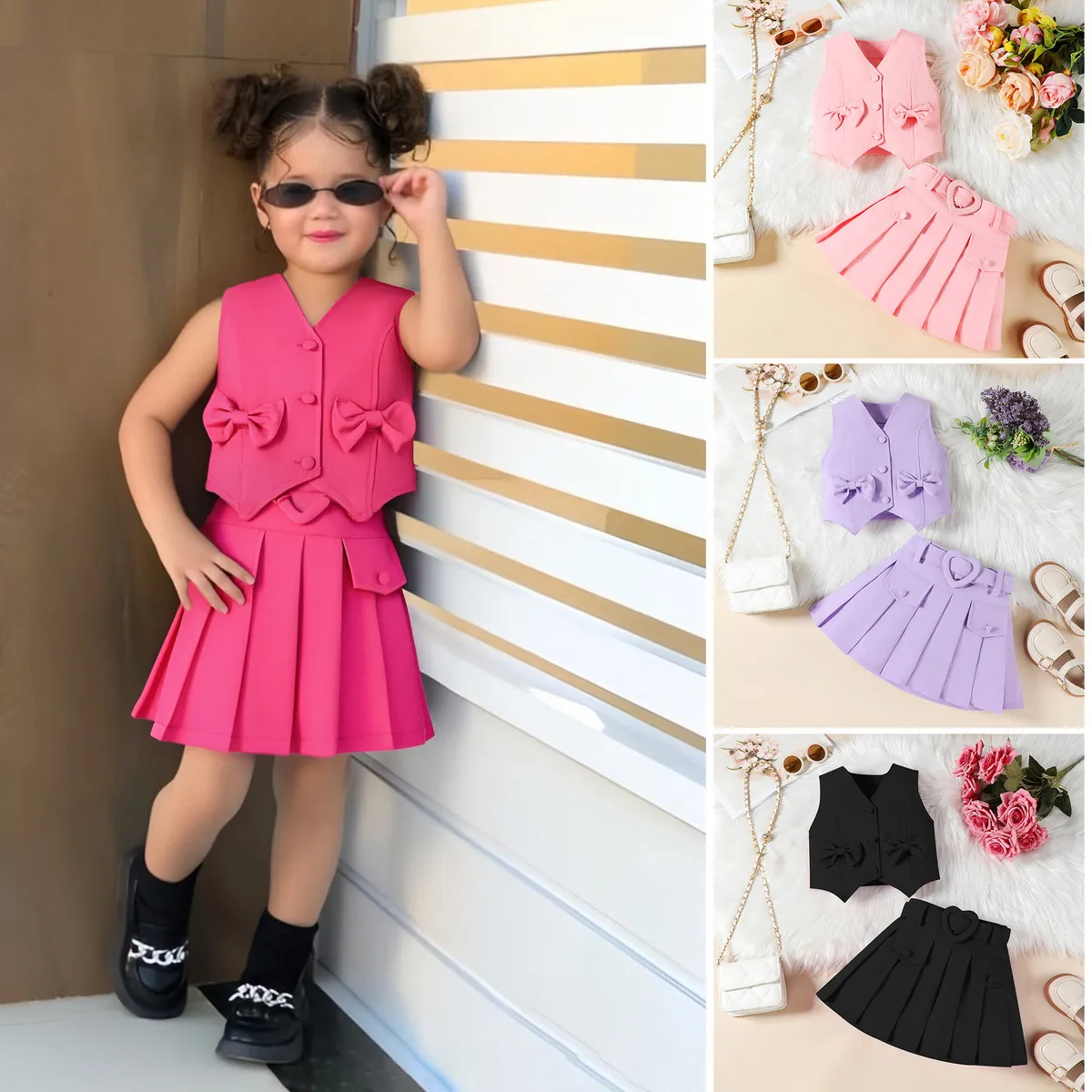 Kids Girl'S Fashion Summer Solid Color Bow Decorative V-Neck Vest Pleated Skirt Belt Three-Piece Set