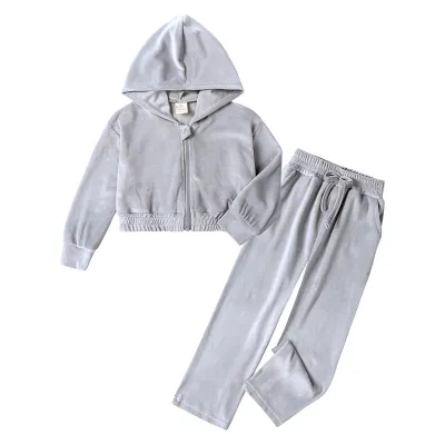 Kids Girls Fashion Casual Autumn And Winter Solid Color Gold Velvet Zipper Long-Sleeve Hoodies Pants Two-Piece Set