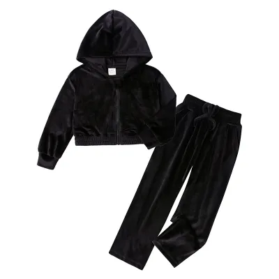 Kids Girls Fashion Casual Autumn And Winter Solid Color Gold Velvet Zipper Long-Sleeve Hoodies Pants Two-Piece Set