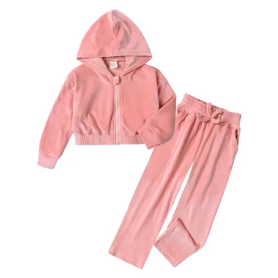 Kids Girls Fashion Casual Autumn And Winter Solid Color Gold Velvet Zipper Long-Sleeve Hoodies Pants Two-Piece Set