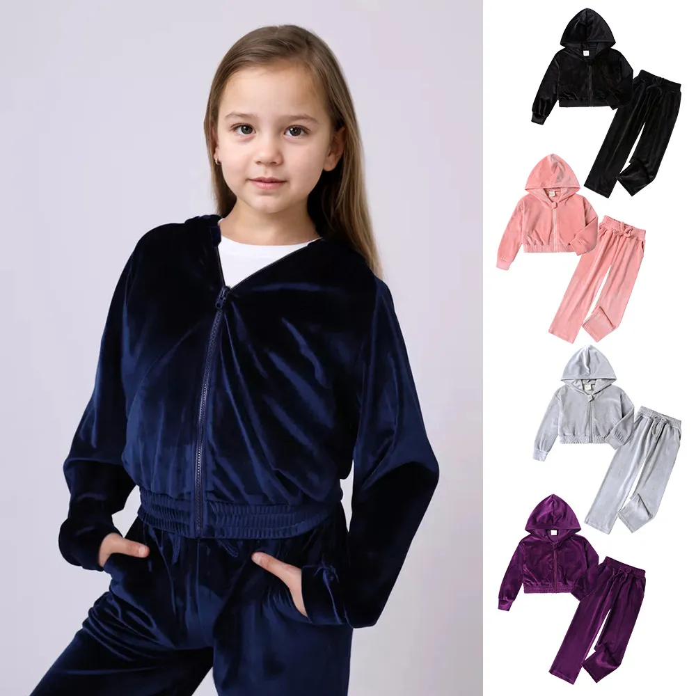 Kids Girls Fashion Casual Autumn And Winter Solid Color Gold Velvet Zipper Long-Sleeve Hoodies Pants Two-Piece Set