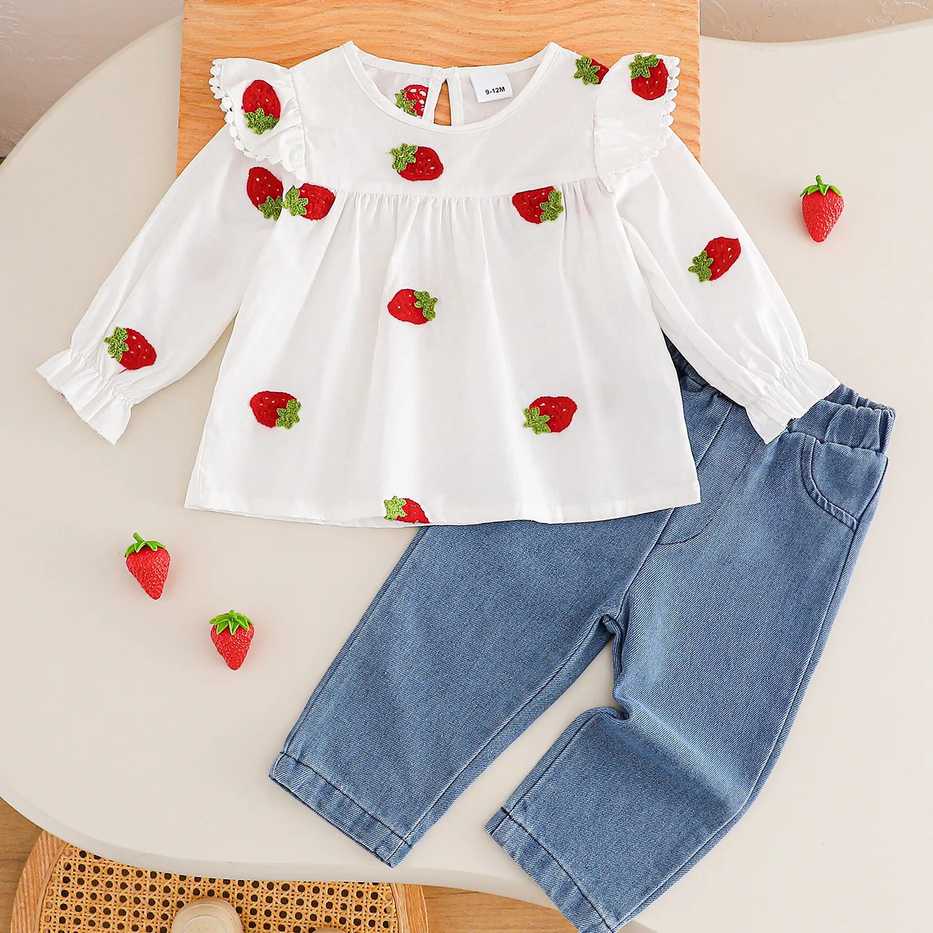 Kids Baby Girls Fashion Casual Spring And Autumn Strawberry Printed Long-Sleeve Shirt Jeans Two-Piece Set
