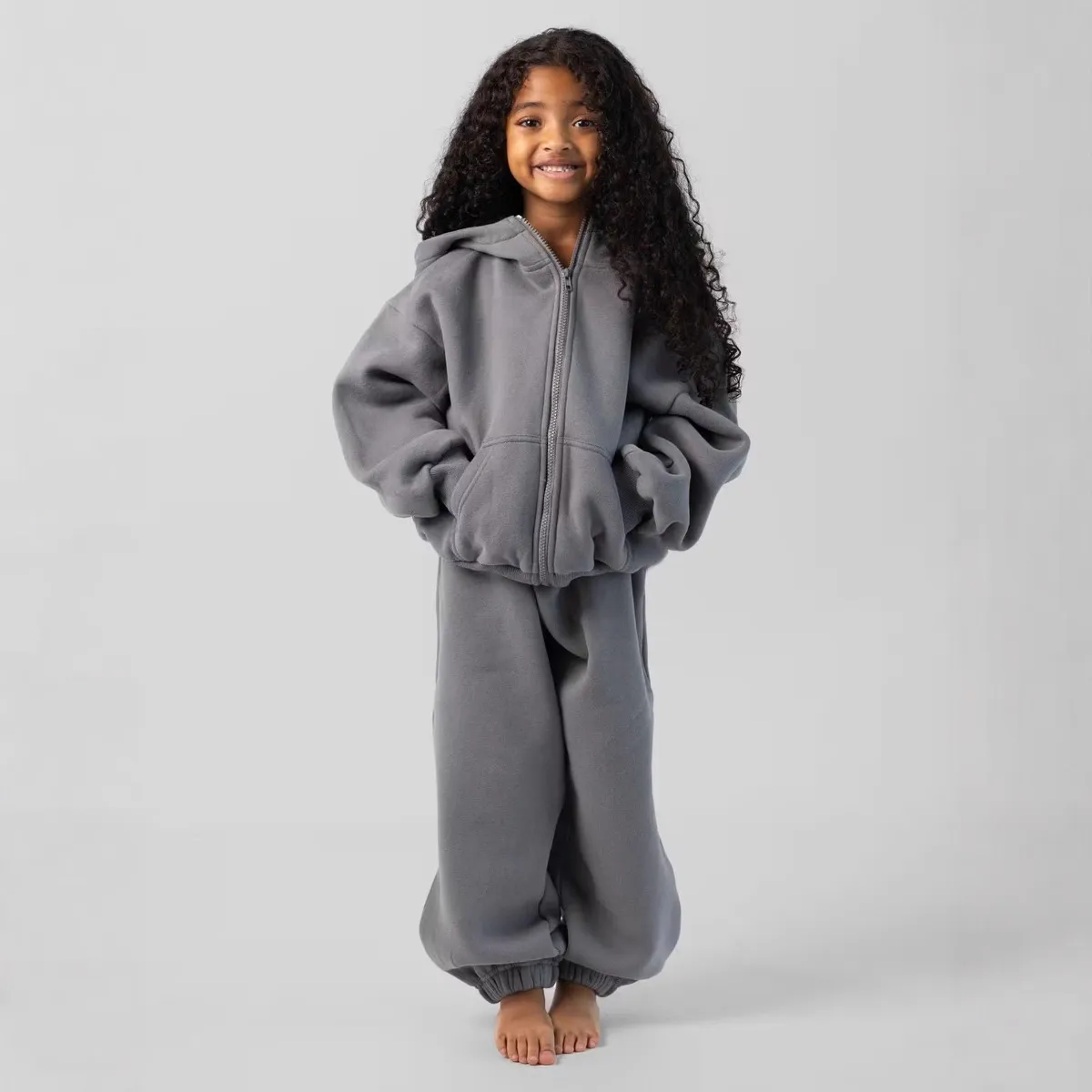 Kids Boys And Girls Fashion Casual Autumn And Winter Solid Color Zipper Long-Sleeve Hoodies Pants 2-Piece Set