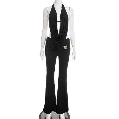 Women Fashion Sexy Solid Color Hanging Collar Backless Top With Metal Buckle Micro-Flared Pants Two-Piece Set