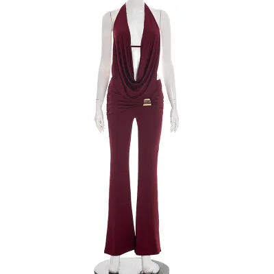 Women Fashion Sexy Solid Color Hanging Collar Backless Top With Metal Buckle Micro-Flared Pants Two-Piece Set