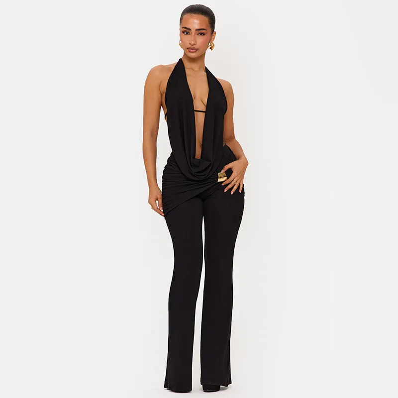 Women Fashion Sexy Solid Color Hanging Collar Backless Top With Metal Buckle Micro-Flared Pants Two-Piece Set