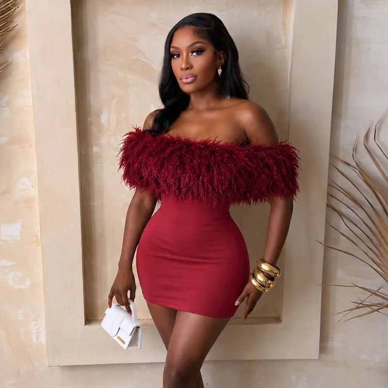 Women Solid Color Sexy Faux Fur Off-Shoulder Mini Dress