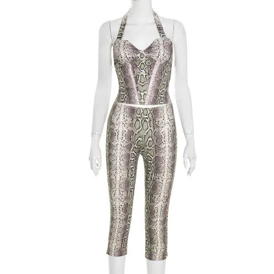 Women'S Fashion Sexy Snake Print Halter-Neck Sleeveless Top Slim-Fit Pants Two-Piece Set