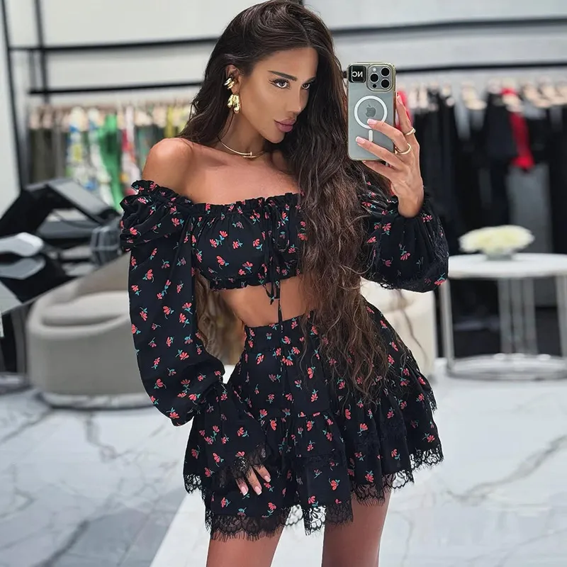 Women'S Fashion Sexy Summer Flower Lace Print Off-The-Shoulder Lantern Sleeve Tube Top Mini Skirt Two-Piece Set
