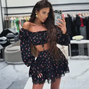 Women'S Fashion Sexy Summer Flower Lace Print Off-The-Shoulder Lantern Sleeve Tube Top Mini Skirt Two-Piece Set