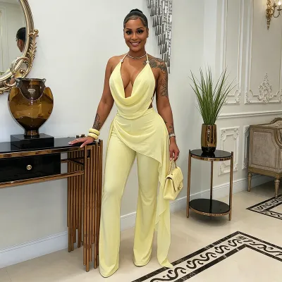Women Sexy Solid Color Cowl Neck Chiffon Jumpsuit