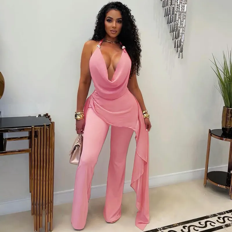 Women Sexy Solid Color Cowl Neck Chiffon Jumpsuit