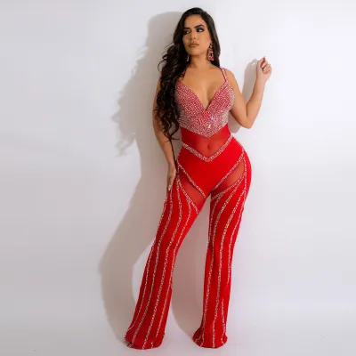 Women Sexy Perspective Mesh Rhinestone Jumpsuit