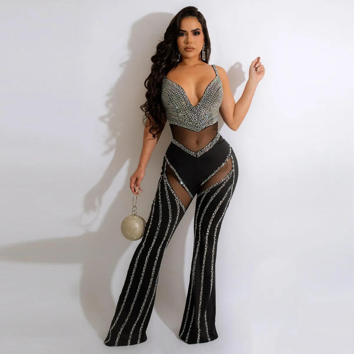 Women Sexy Perspective Mesh Rhinestone Jumpsuit
