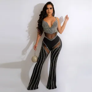 Women Sexy Perspective Mesh Rhinestone Jumpsuit