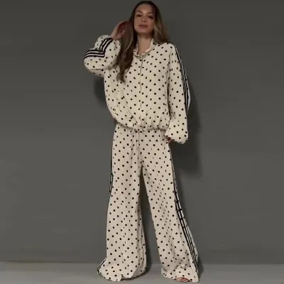 Women'S Fashion Casual Polka Dot Print Lapel Long-Sleeve Coat Loose Pants Two-Piece Set